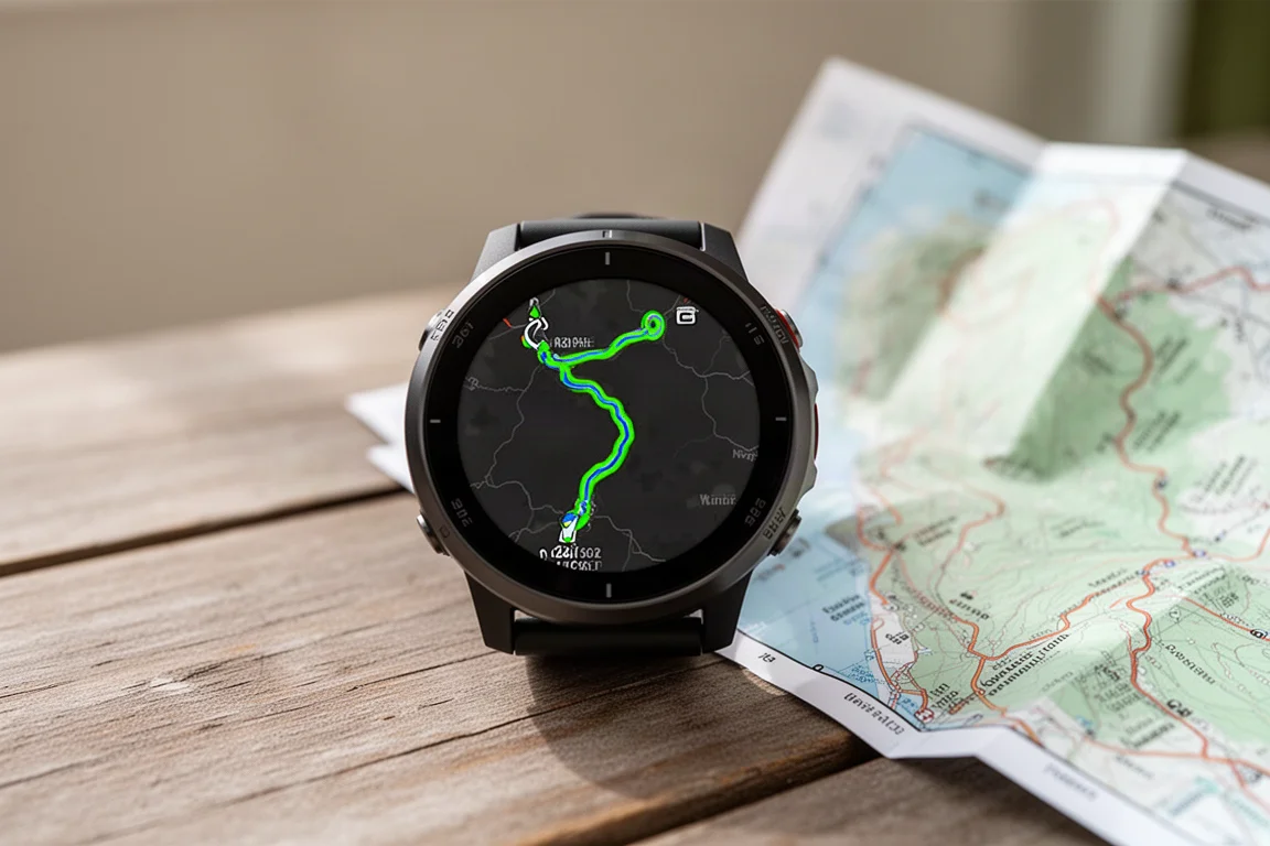 GPS-horlogescherm met een geladen route op een kaart in topostijl