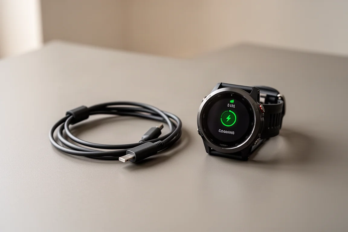 Oplaadkabel van GPS-horloge ligt ongebruikt op een bureau