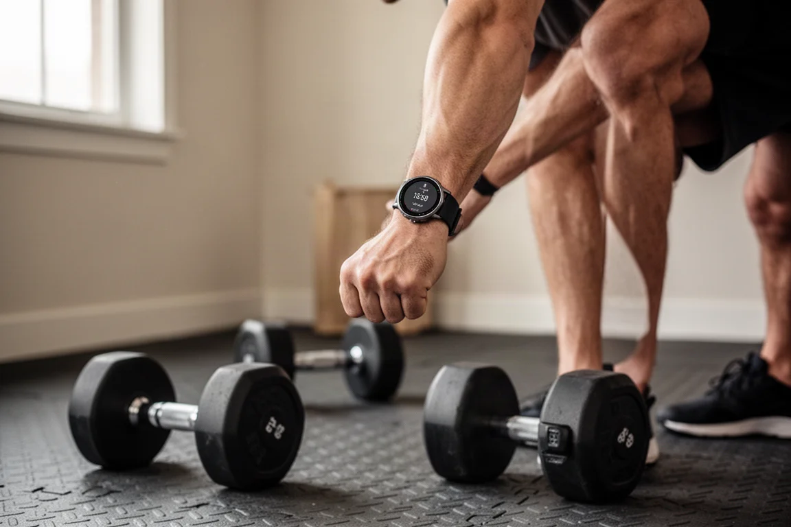Atleet doet krachttraining met een GPS-horloge om de pols