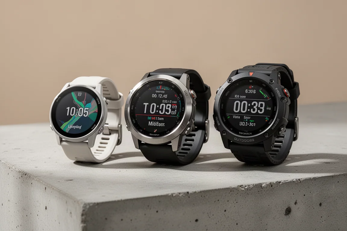 Three GPS sports watches of different sizes lined up on a concrete surface