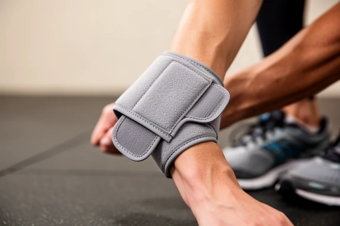 Fabric armband heart rate sensor being adjusted on a runner's forearm