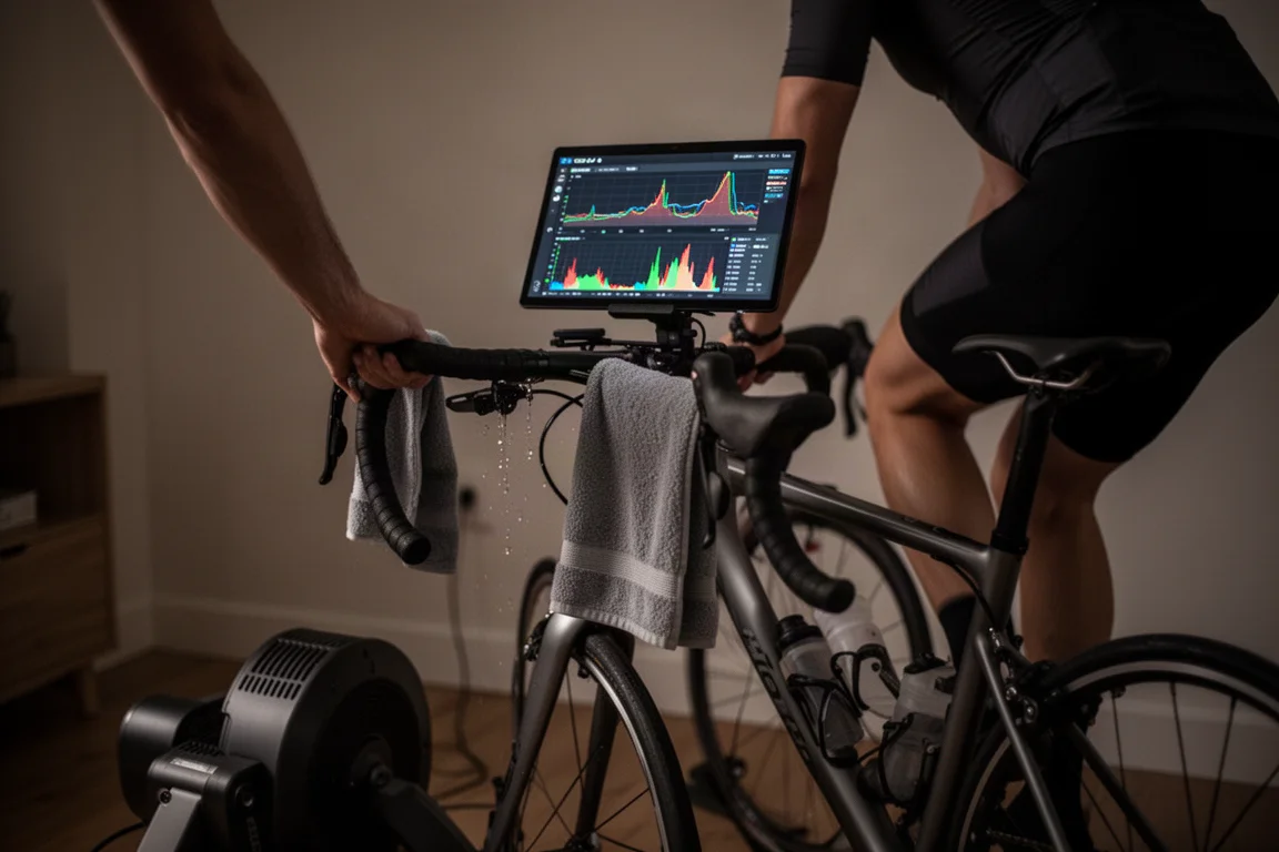 Cyclist riding indoors on a smart trainer following an interval workout