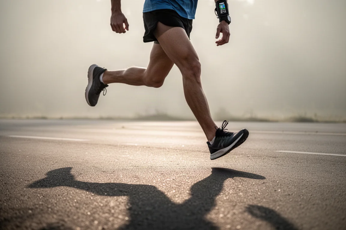 Runner maintaining steady pace on flat asphalt path in morning light