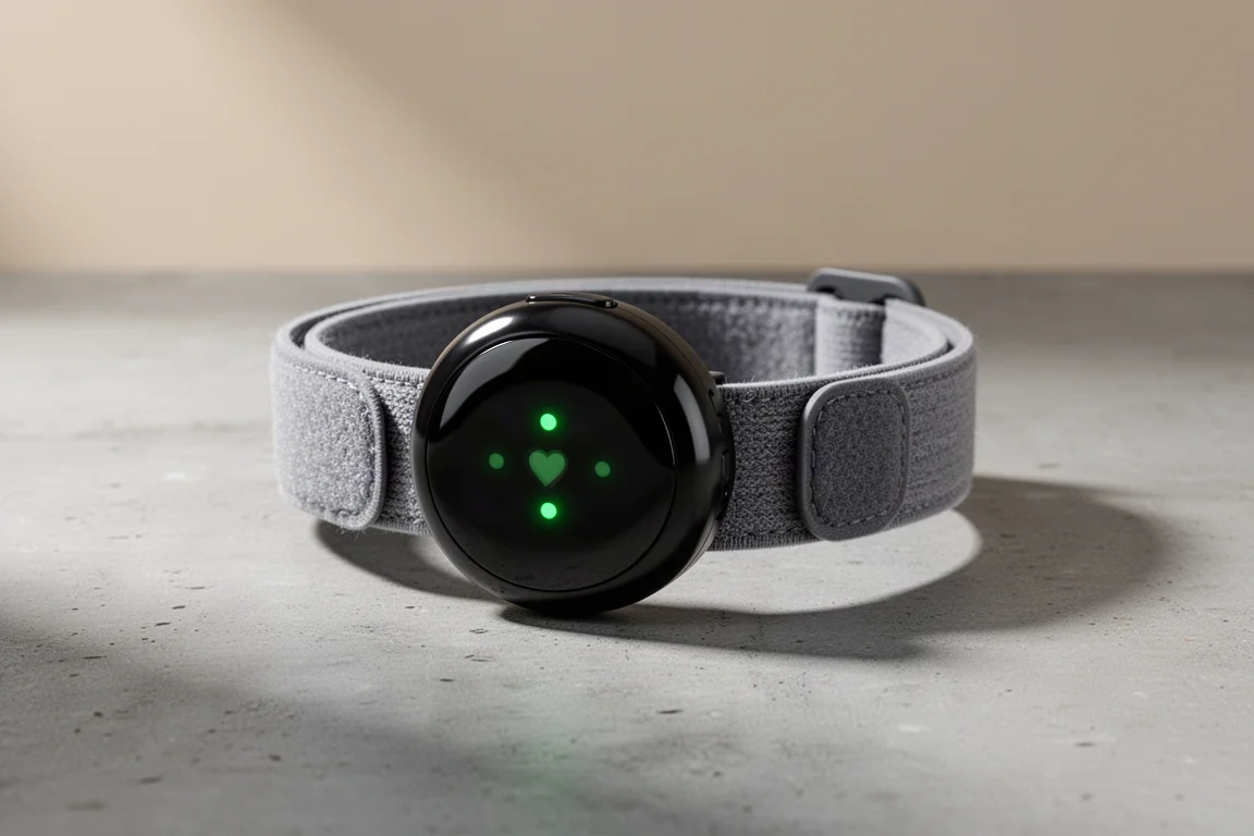 Sensore ottico a fascia Coros HR Monitor con cinturino in tessuto grigio su una superficie di cemento
