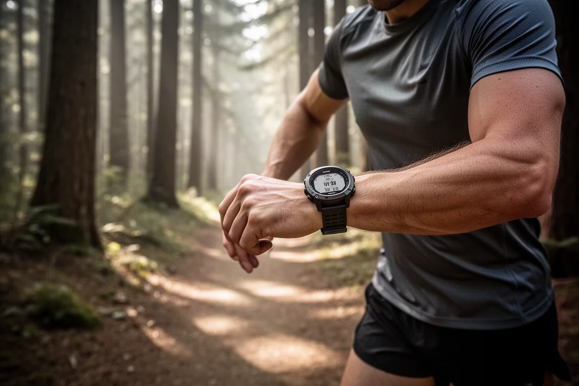 Läufer prüft eine robuste GPS-Uhr auf einem Waldweg