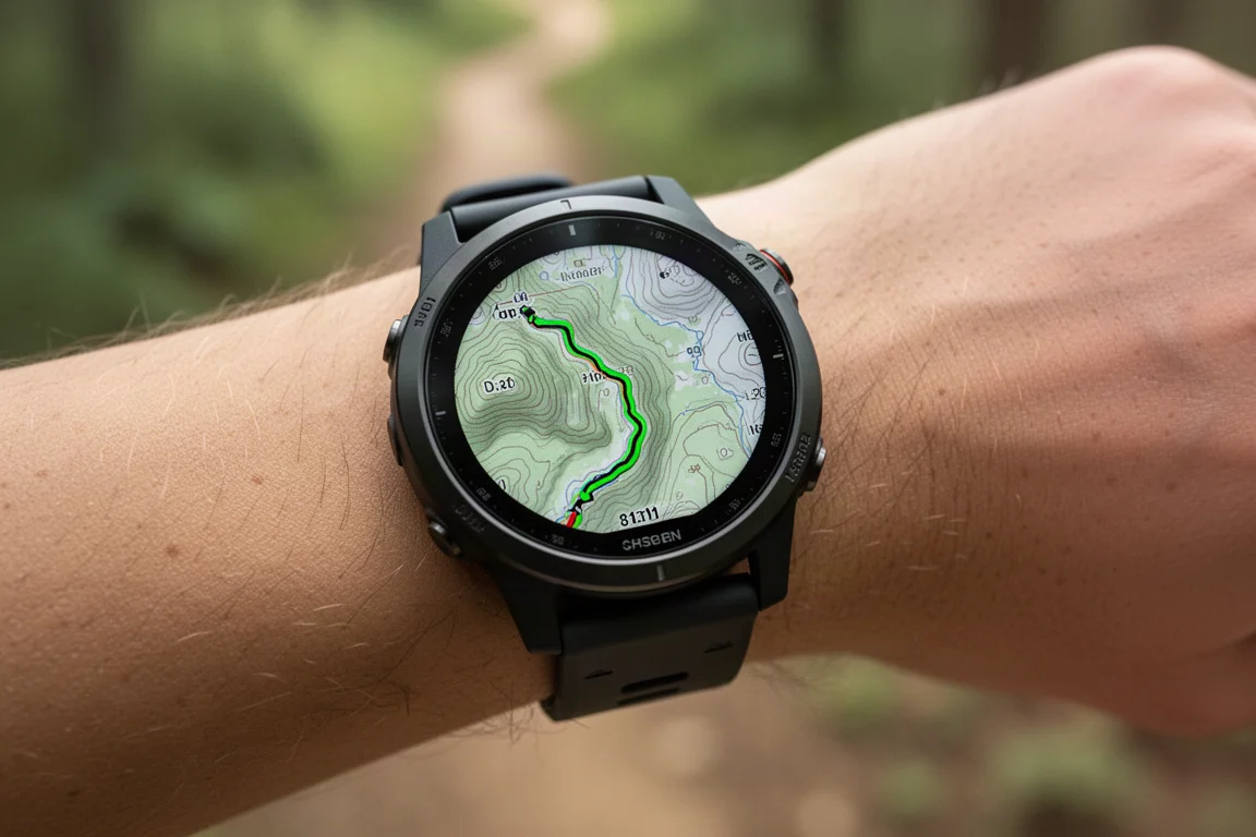 Uhrenbildschirm mit einer Trailkarte und Navigationsroute