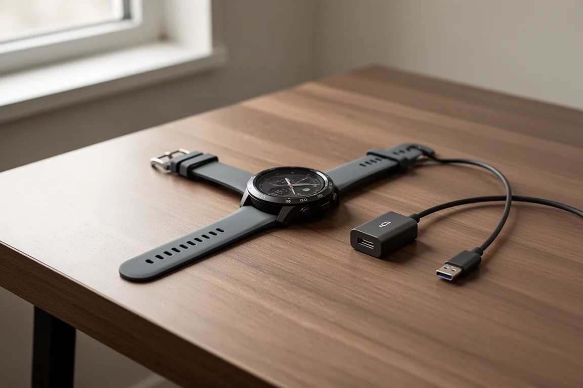 Läufer lädt eine Sportuhr über ein USB-C-Kabel am Schreibtisch