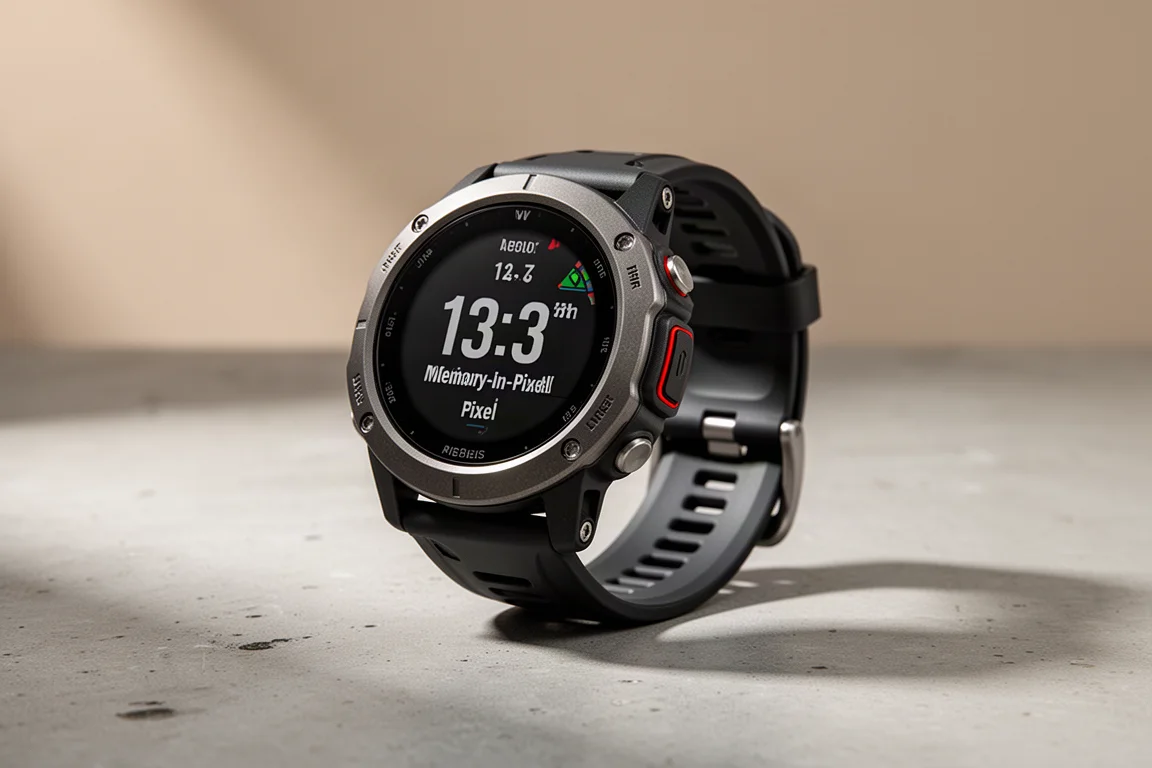 Rugged GPS adventure watch with silicone strap on a concrete surface