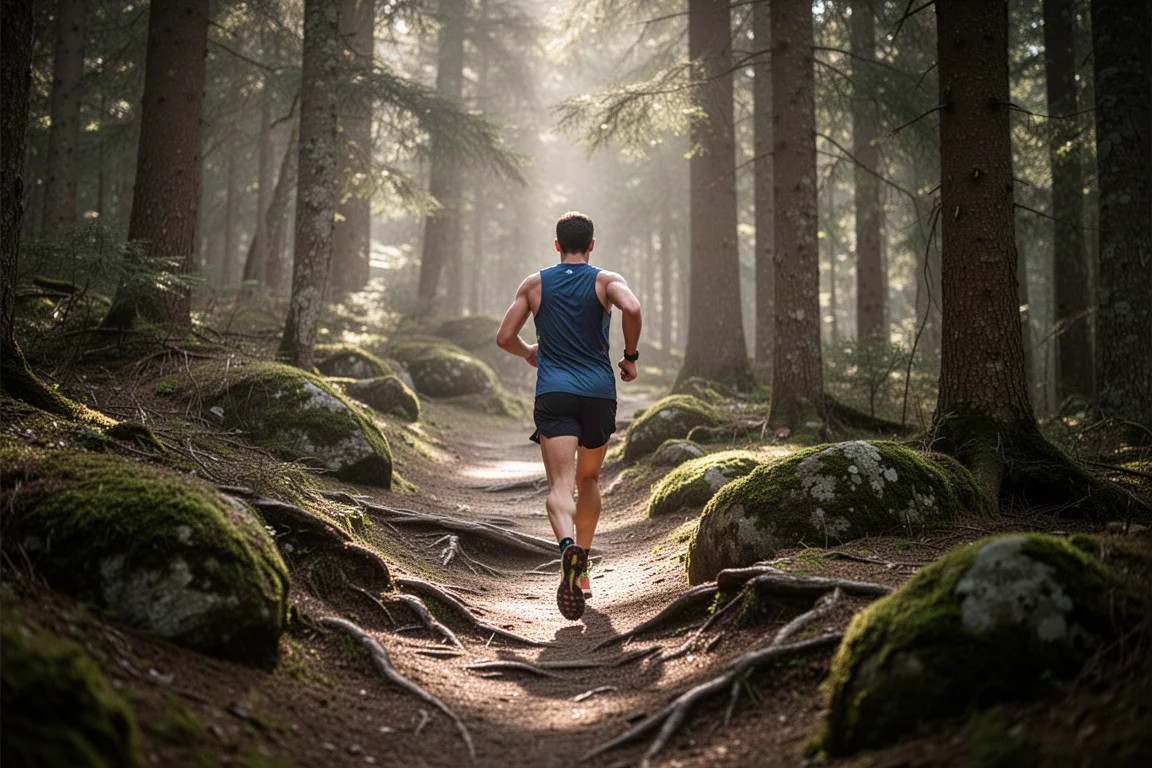 Corredor de trail avanzando por un sendero forestal con luz suave de la mañana