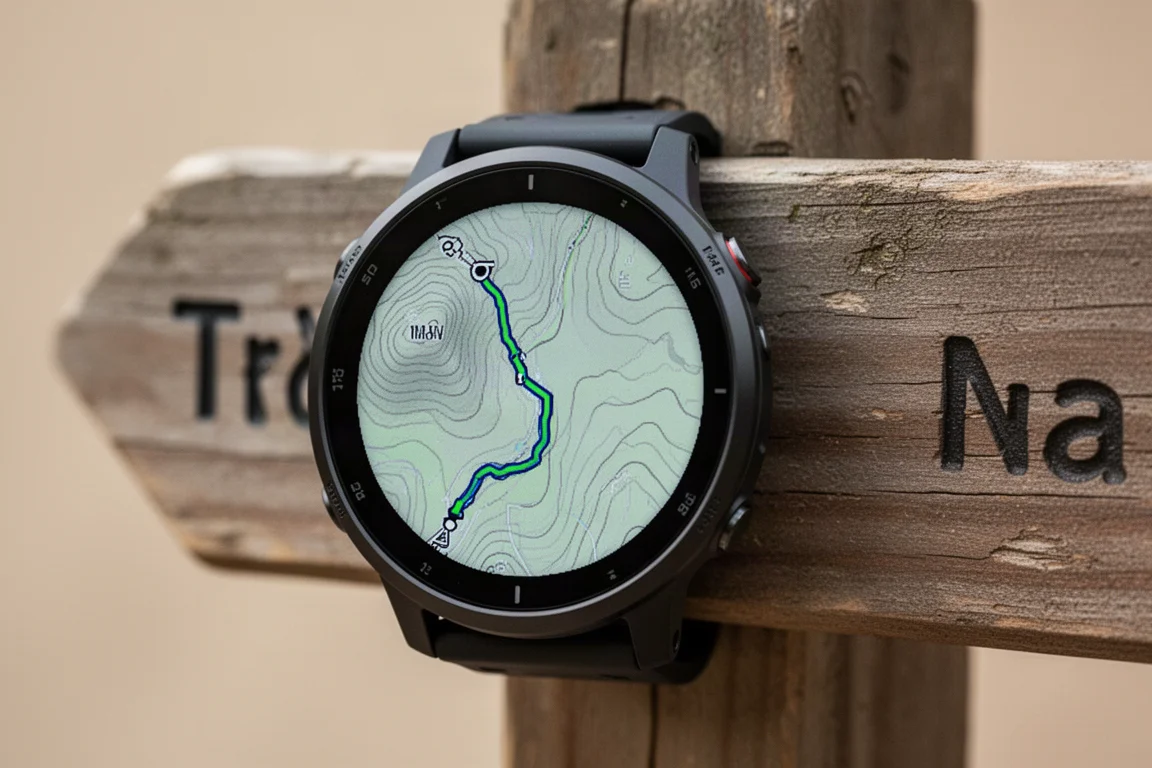 Primer plano de un mapa topográfico sin conexión con línea de ruta en un reloj deportivo