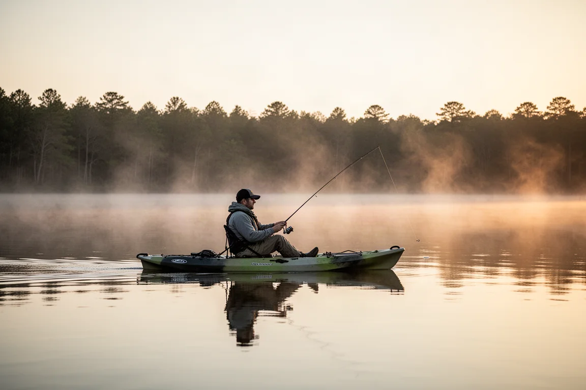 Kayakista pescando en un lago tranquilo durante la hora dorada