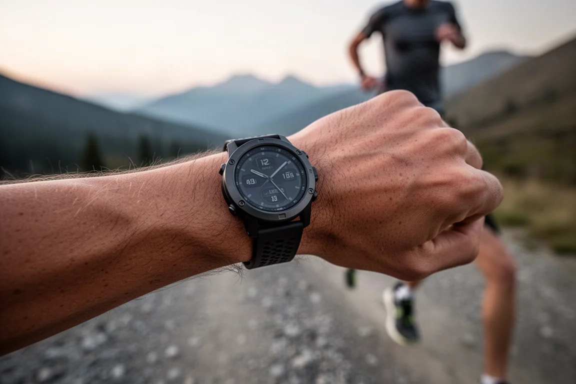 Vista en la muñeca de un reloj deportivo robusto durante una carrera