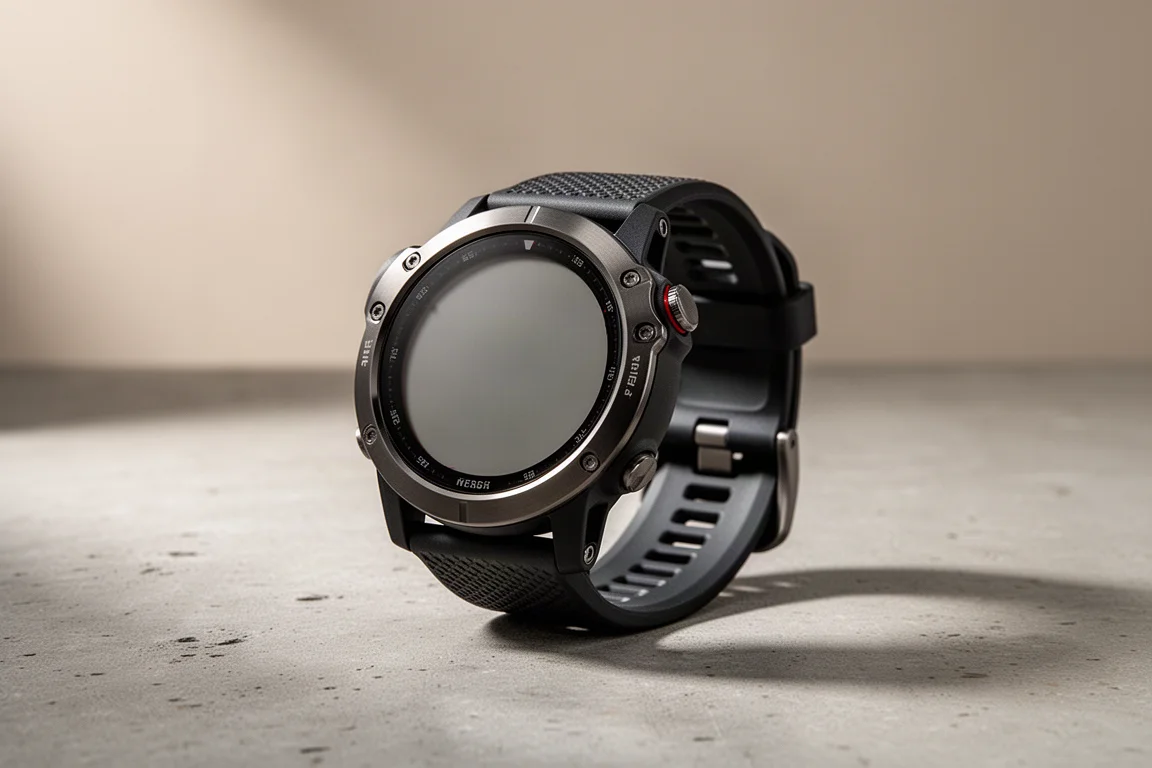 Sportwatch outdoor tondo e robusto con cassa nera opaca su una superficie di cemento
