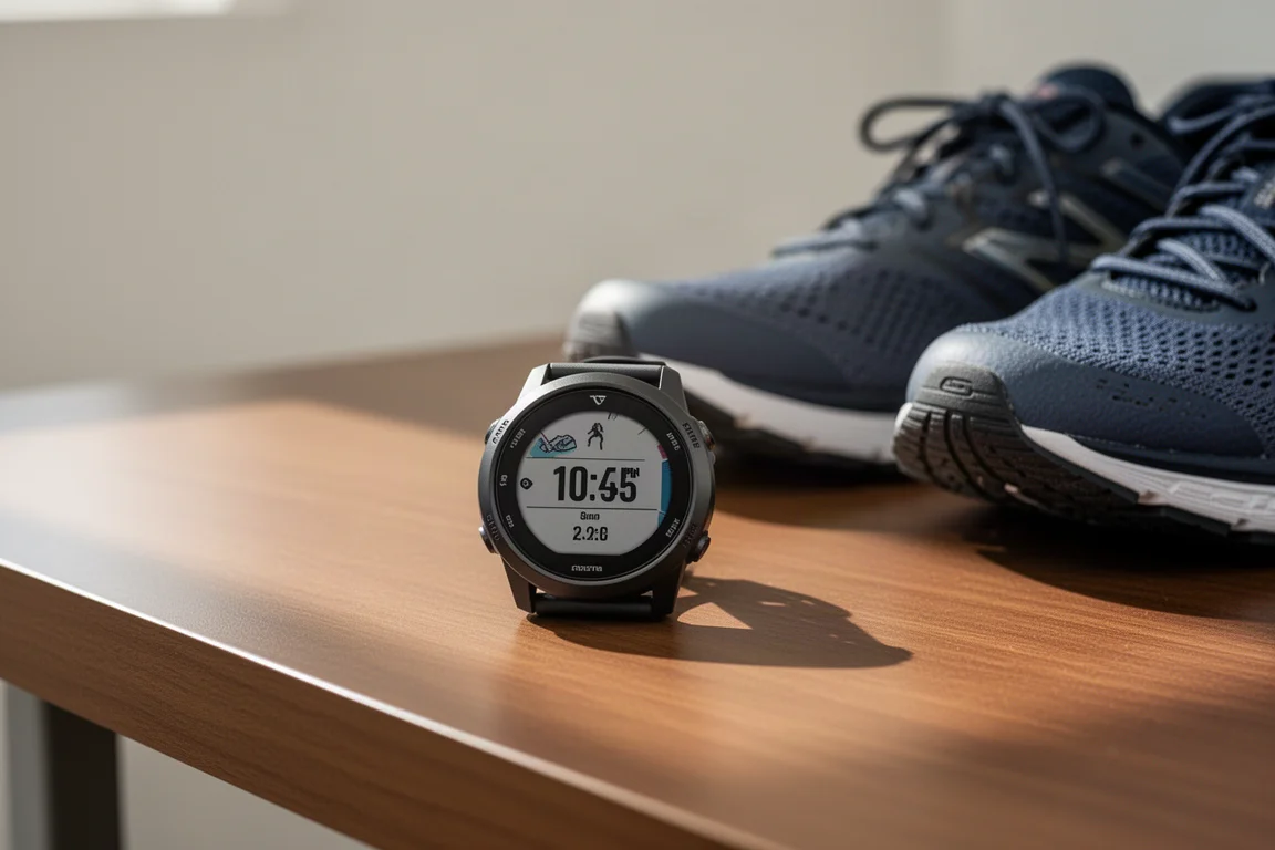 Close-up of a lightweight GPS running watch face on a wooden desk