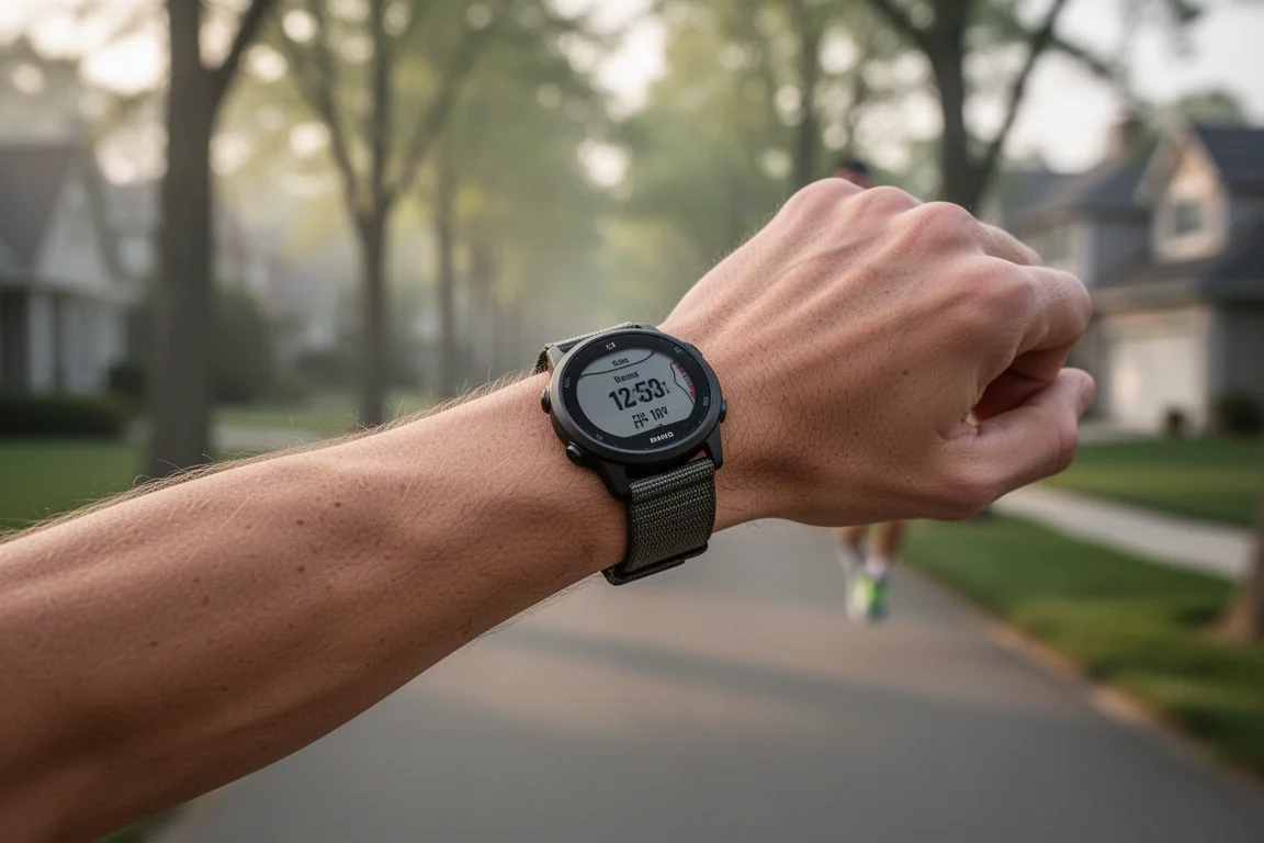 Runner's wrist wearing a lightweight GPS watch on a suburban path