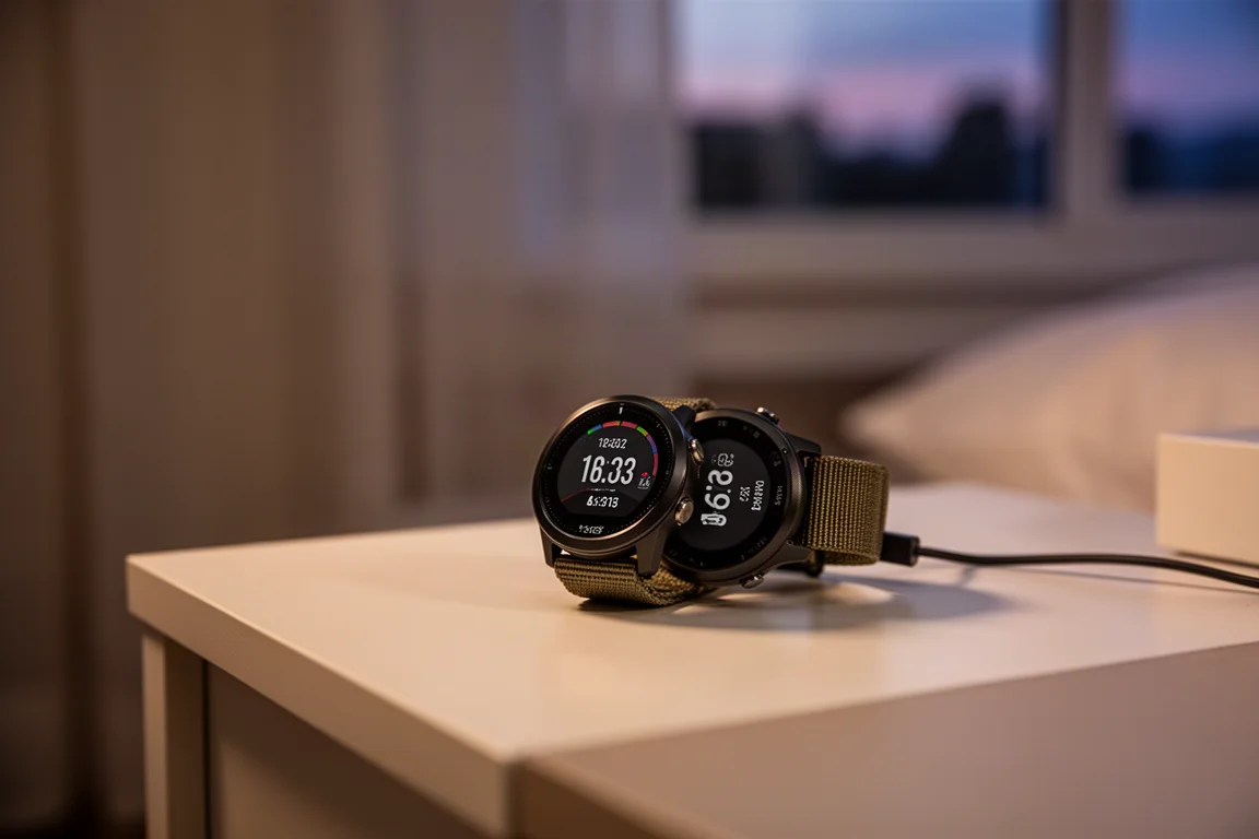 GPS sports watch charging on a bedside table at dusk