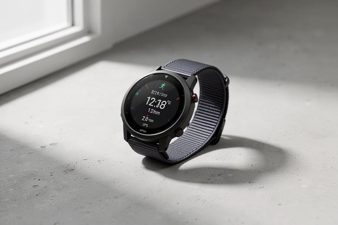 Coros Pace 2 GPS running watch with nylon band on a grey concrete surface