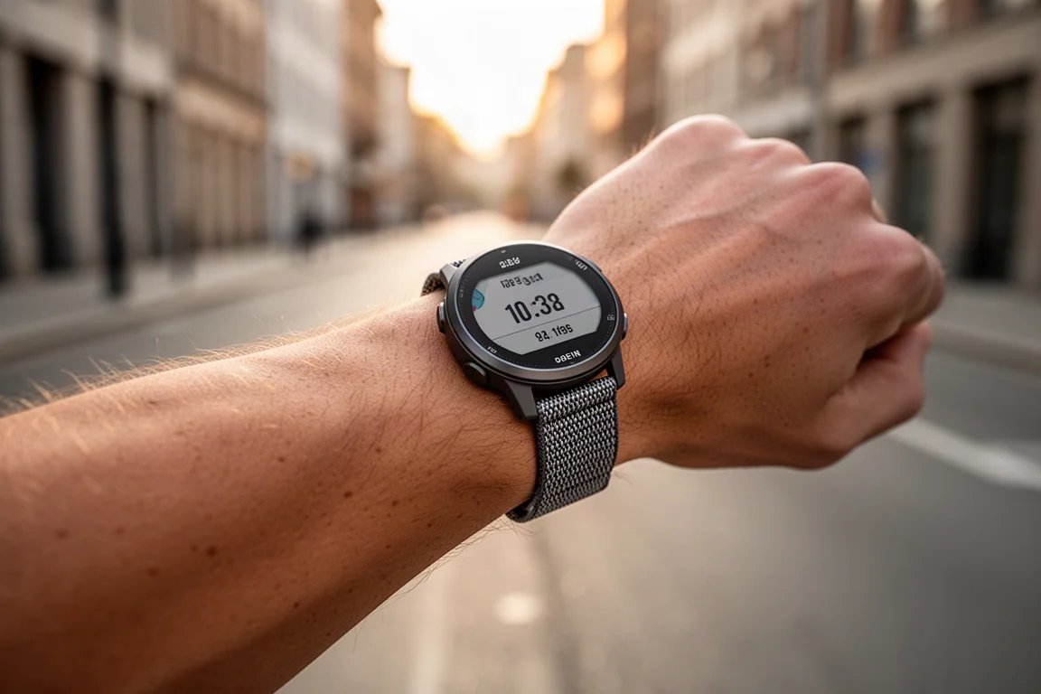 Runner checking a lightweight GPS watch on the wrist before a morning run