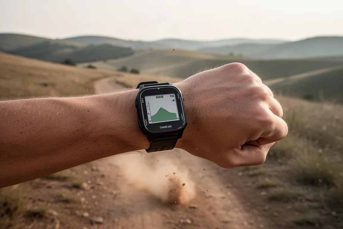 GPS watch screen showing a training route elevation profile during a trail run