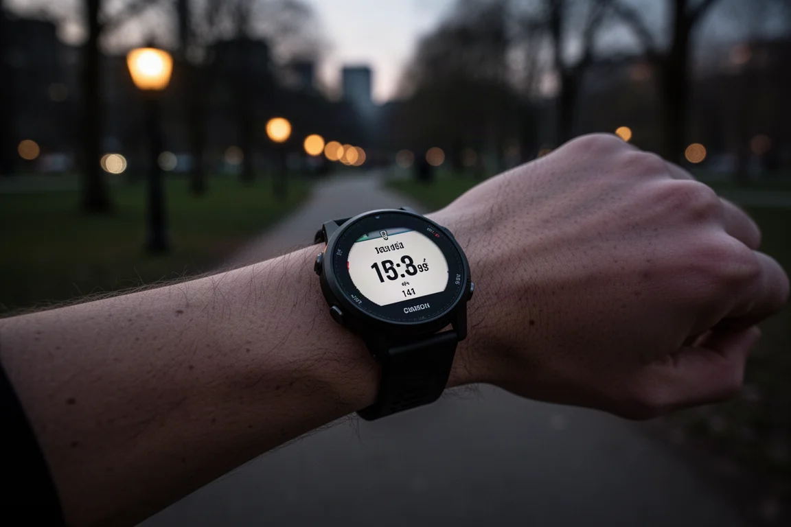 Wrist-worn GPS watch backlit in dim evening light during a night run