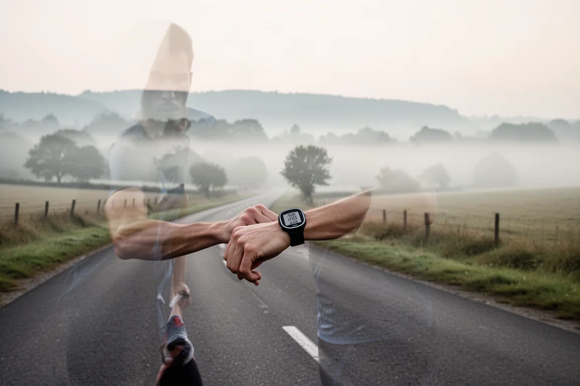 Runner stopping at a roadside during a long-distance run to check pace data