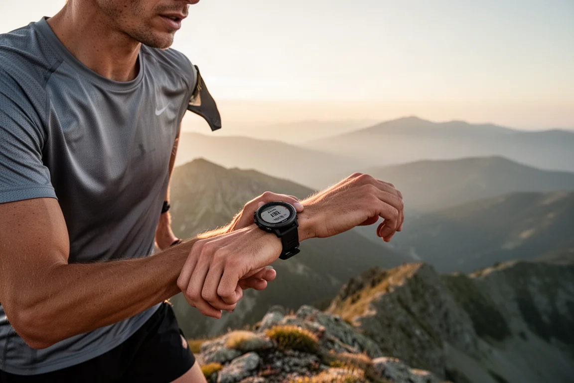 Trail runner checking a GPS sports watch during a mountain hike