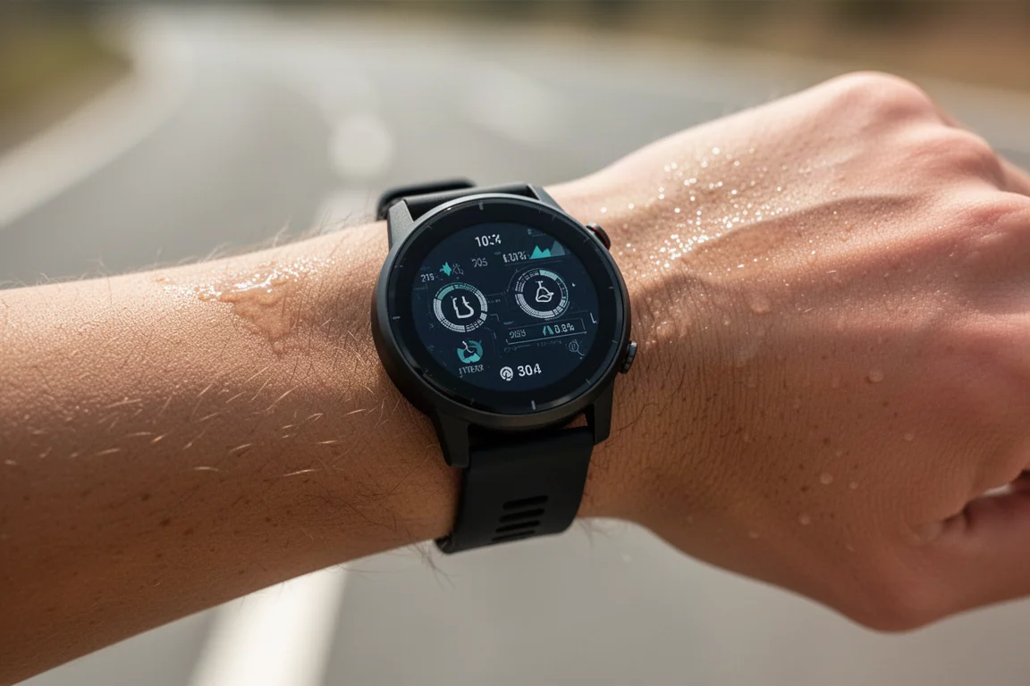 Wrist-worn sports watch screen showing activity data fields mid-run