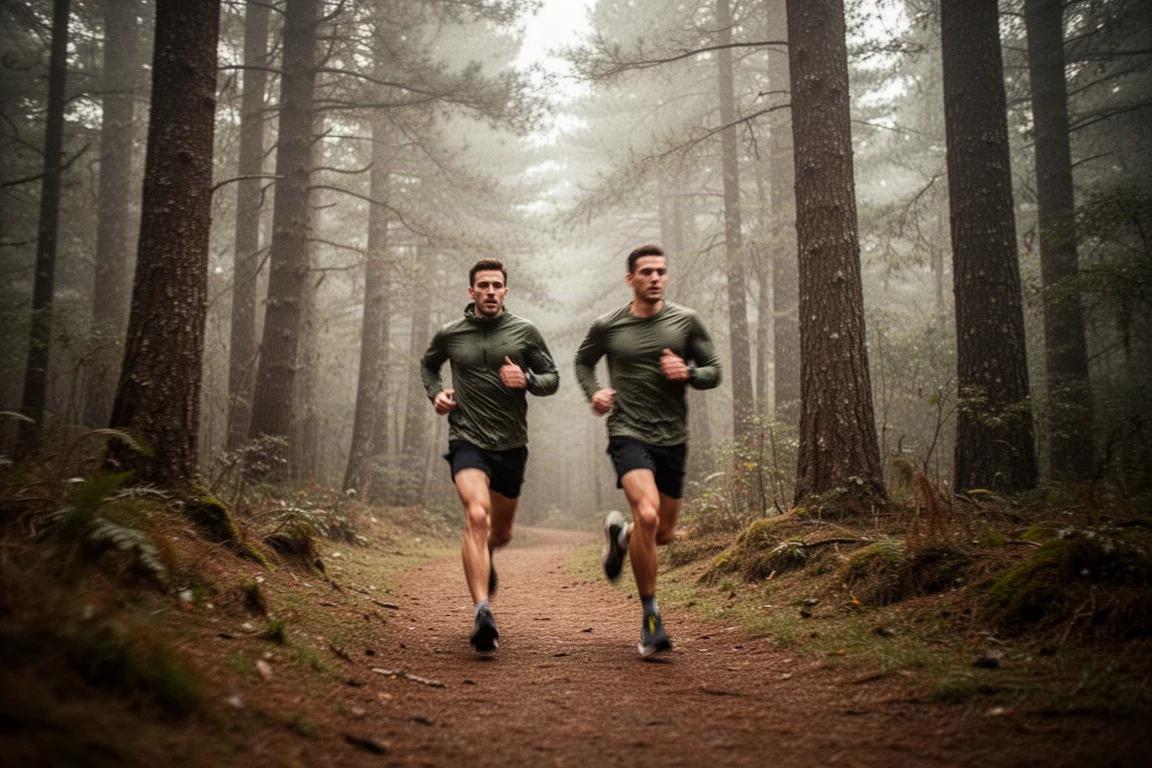Runners training on a forest trail under soft overcast light