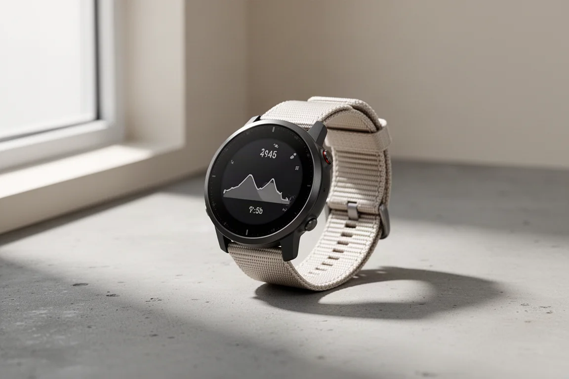 Orologio sportivo Coros Pace 3 con cinturino in nylon su una superficie di cemento opaco