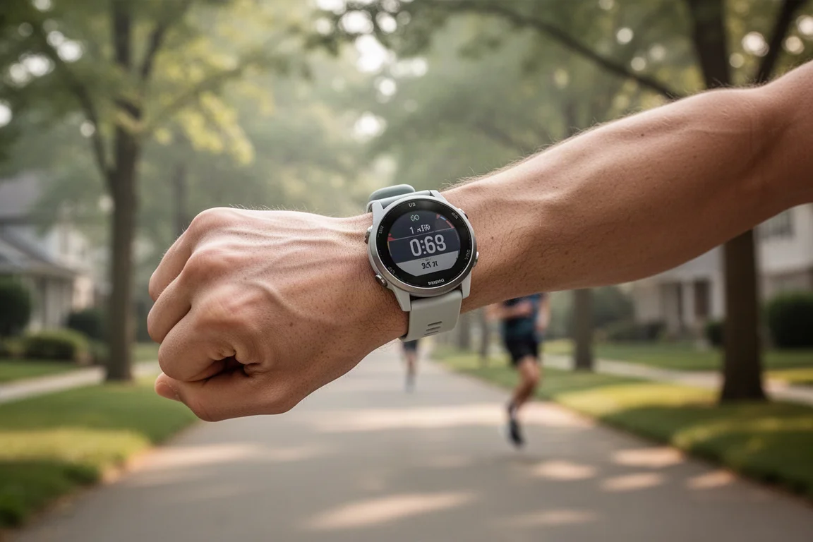 Corredor consultando un reloj deportivo GPS a mitad de carrera en un camino arbolado de las afueras
