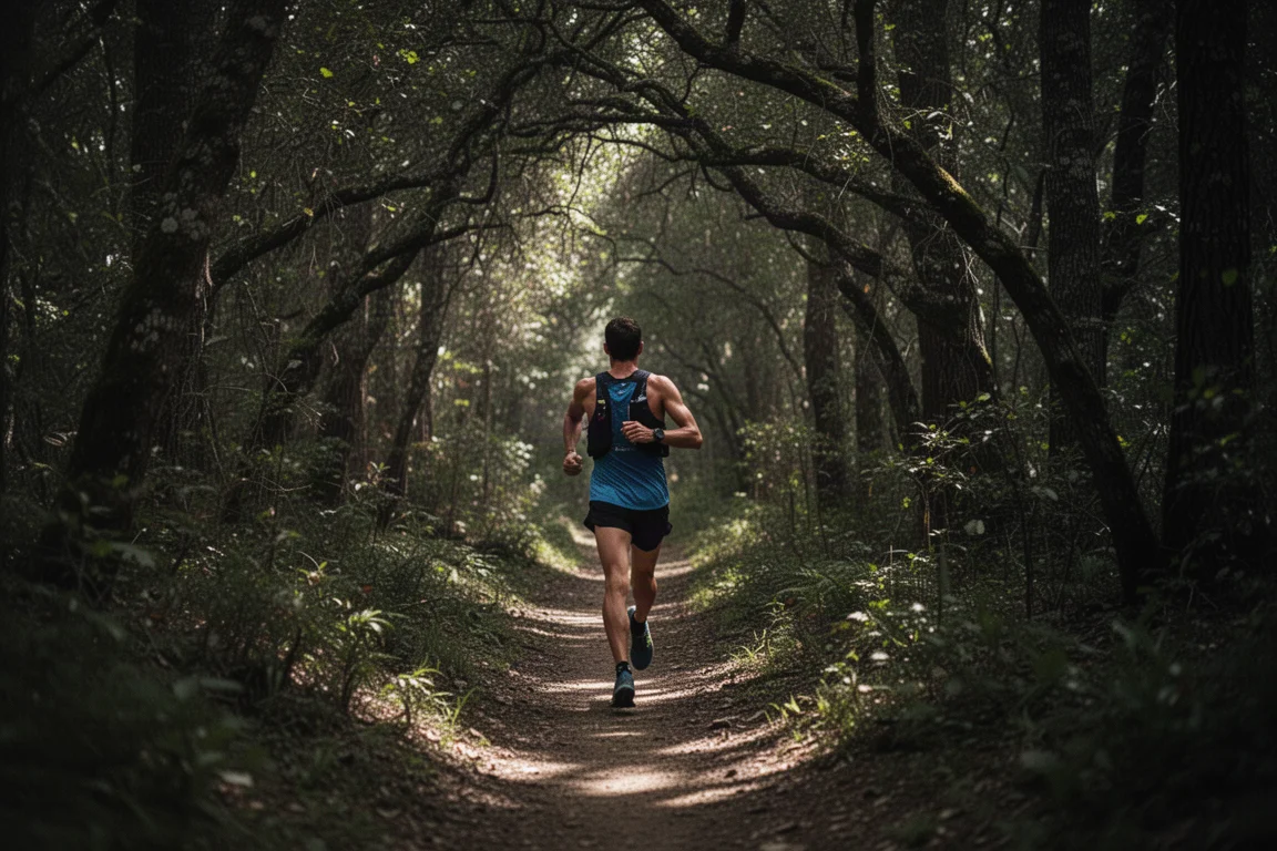 Corredor de trail en una senda boscosa y estrecha donde la precisión del GPS importa más