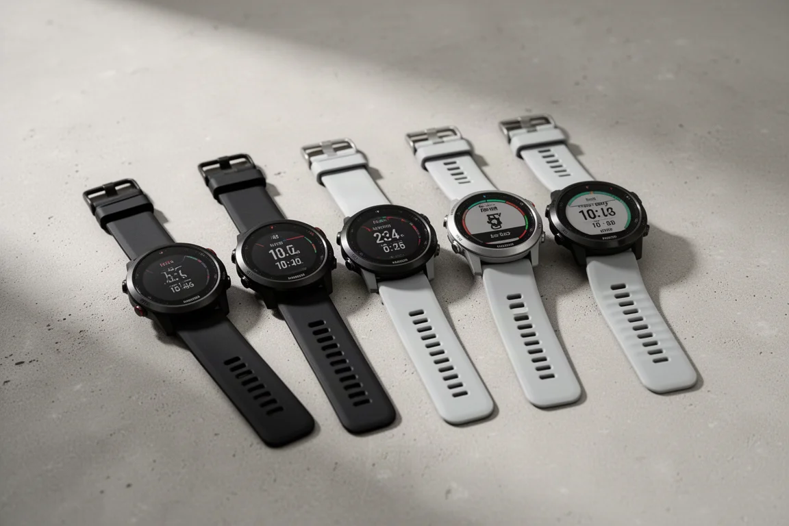 Five GPS running watches arranged in a row on a matte concrete surface