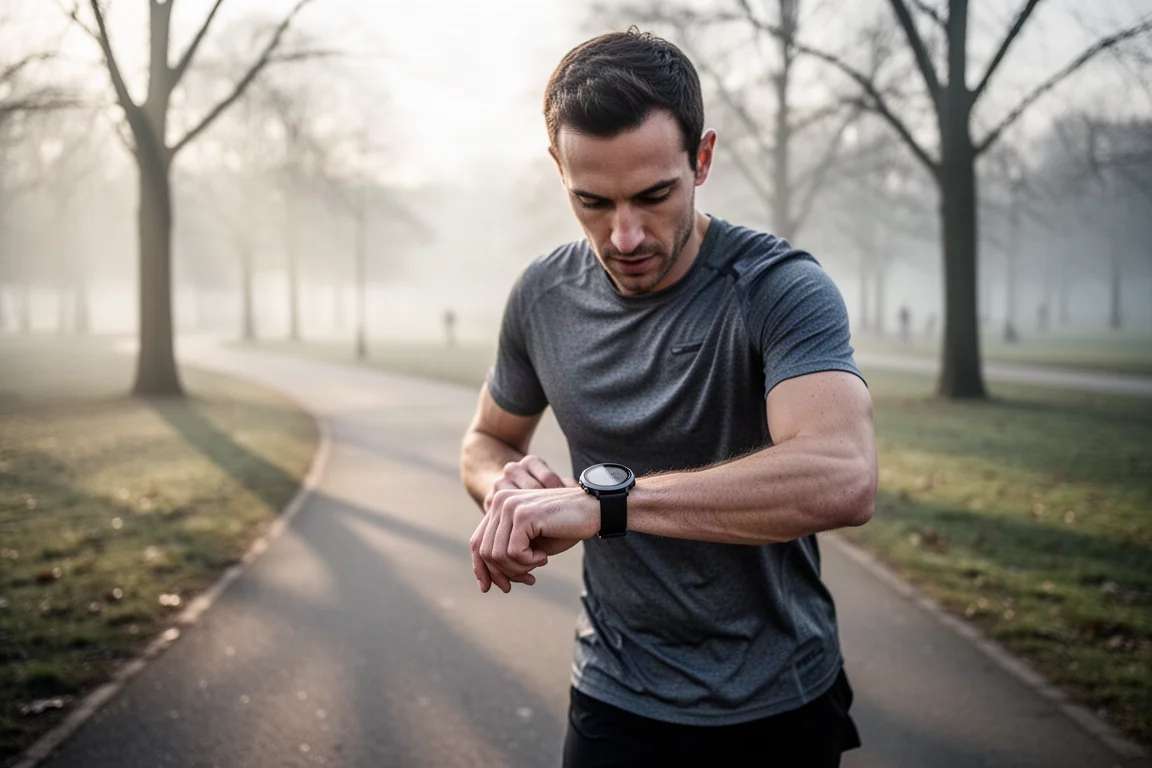 Biegacz zagląda w ekran sportowego zegarka GPS podczas treningu o świcie