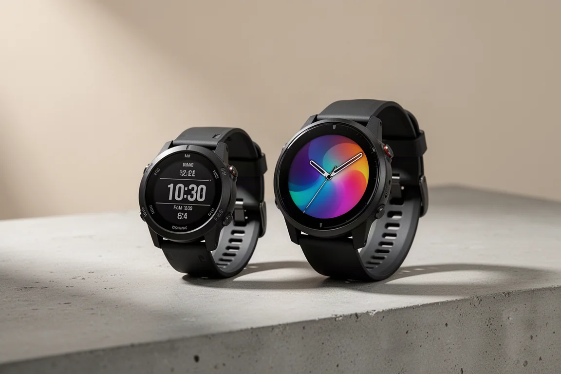 COROS Pace 3 and Garmin Forerunner 265 running watches side by side on concrete