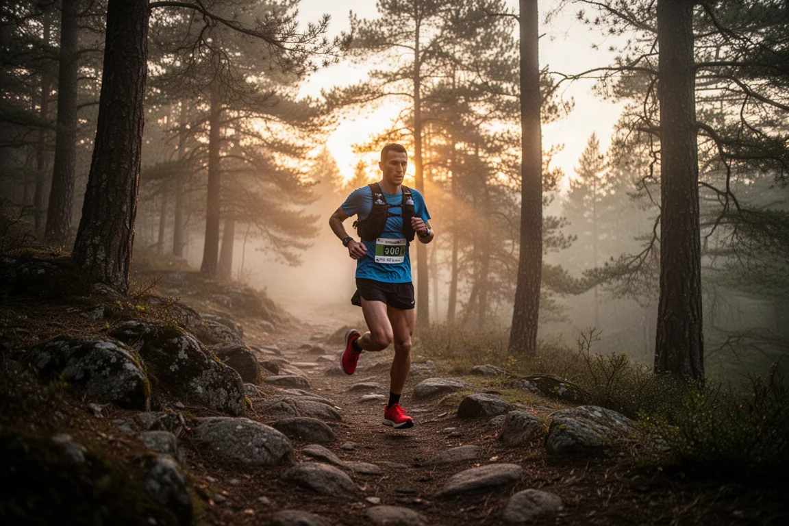 Traillöpare som navigerar på en skogsstig i skymningen