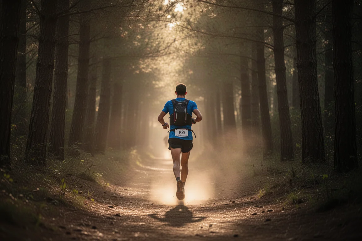 Ultramaratończyk biegnący leśnym szlakiem przy słabym oświetleniu