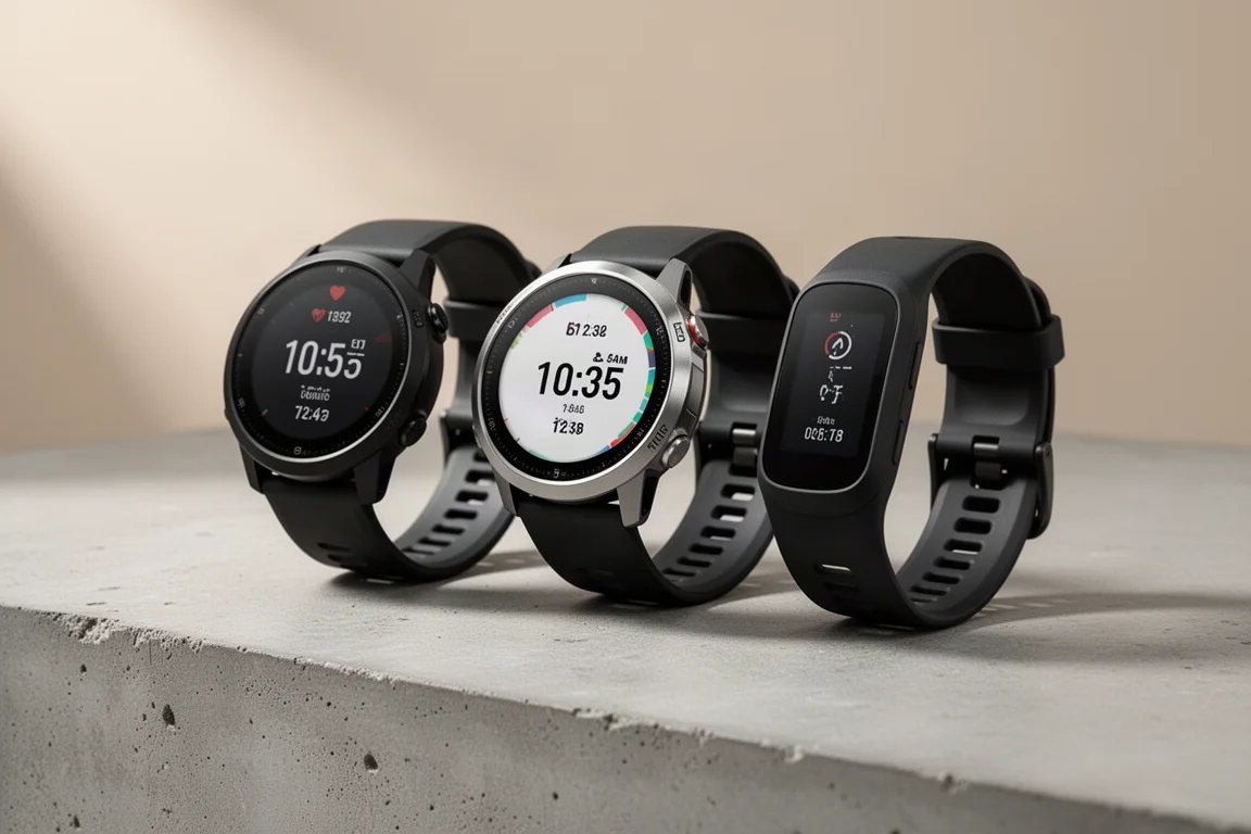 Three Coros Pace running watches arranged side by side on a concrete surface