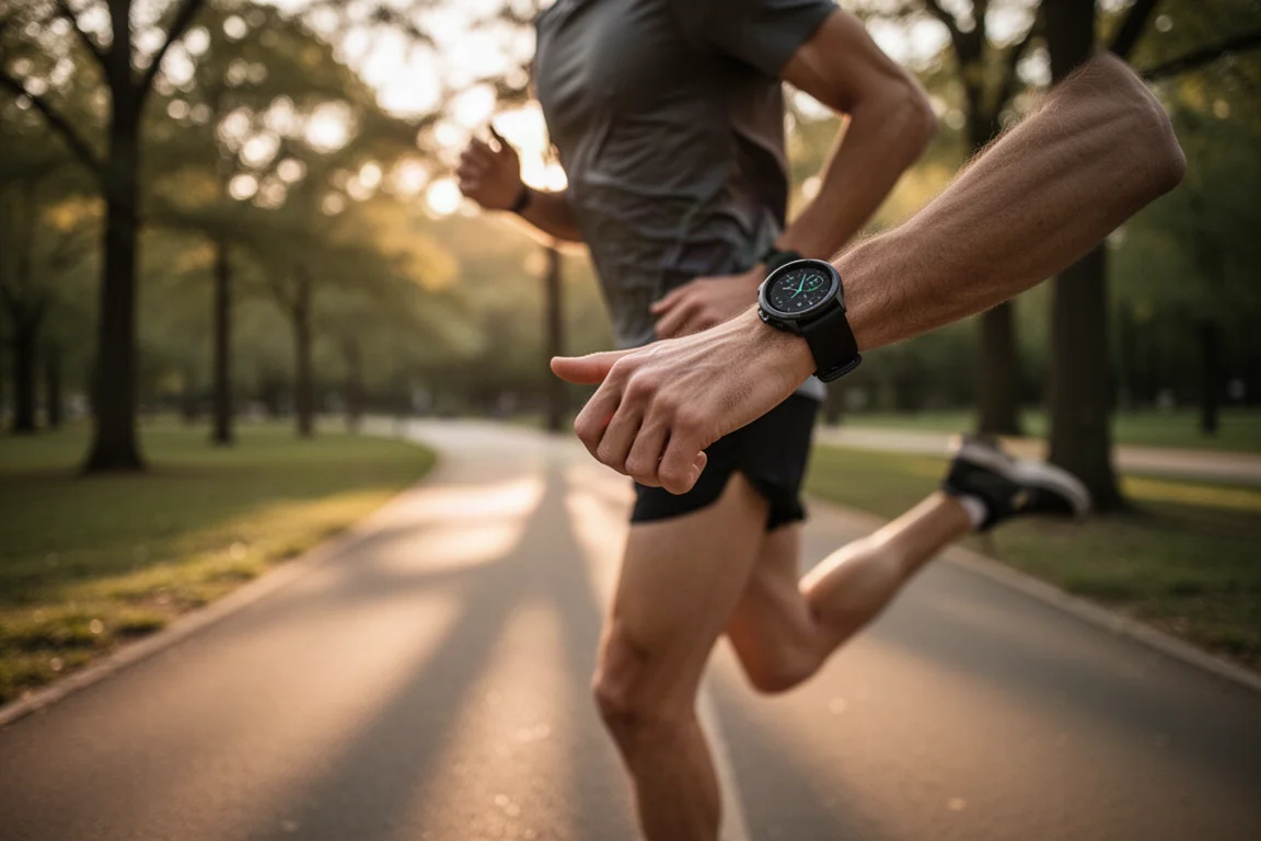 Atleta fazendo intervalos em um circuito de parque com o relógio visível no pulso