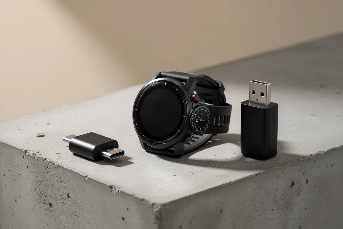 Orologio da running GPS Coros Pace 4 con adattatore di ricarica su una superficie in cemento