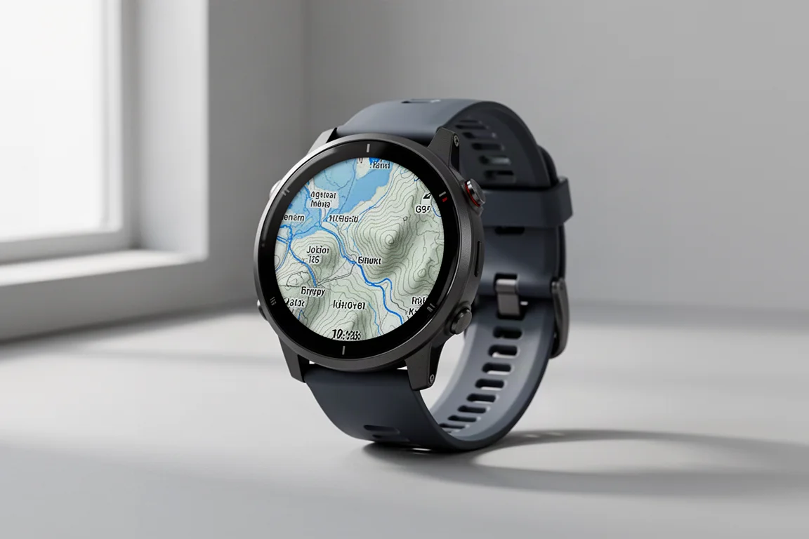 Smartwatch sportivo Coros Pace 4 che mostra una mappa topografica sullo schermo AMOLED