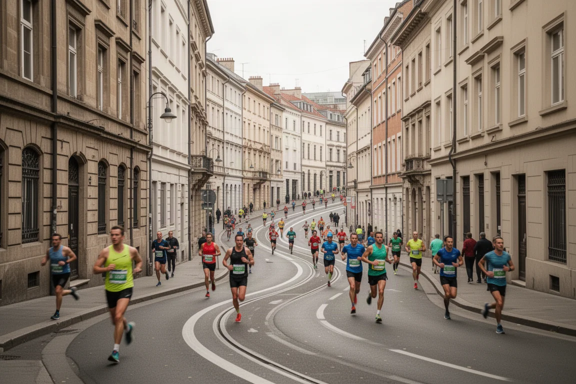 Halvmaratonlopp med slingrig citybana och löpare genom centrala Londons gator