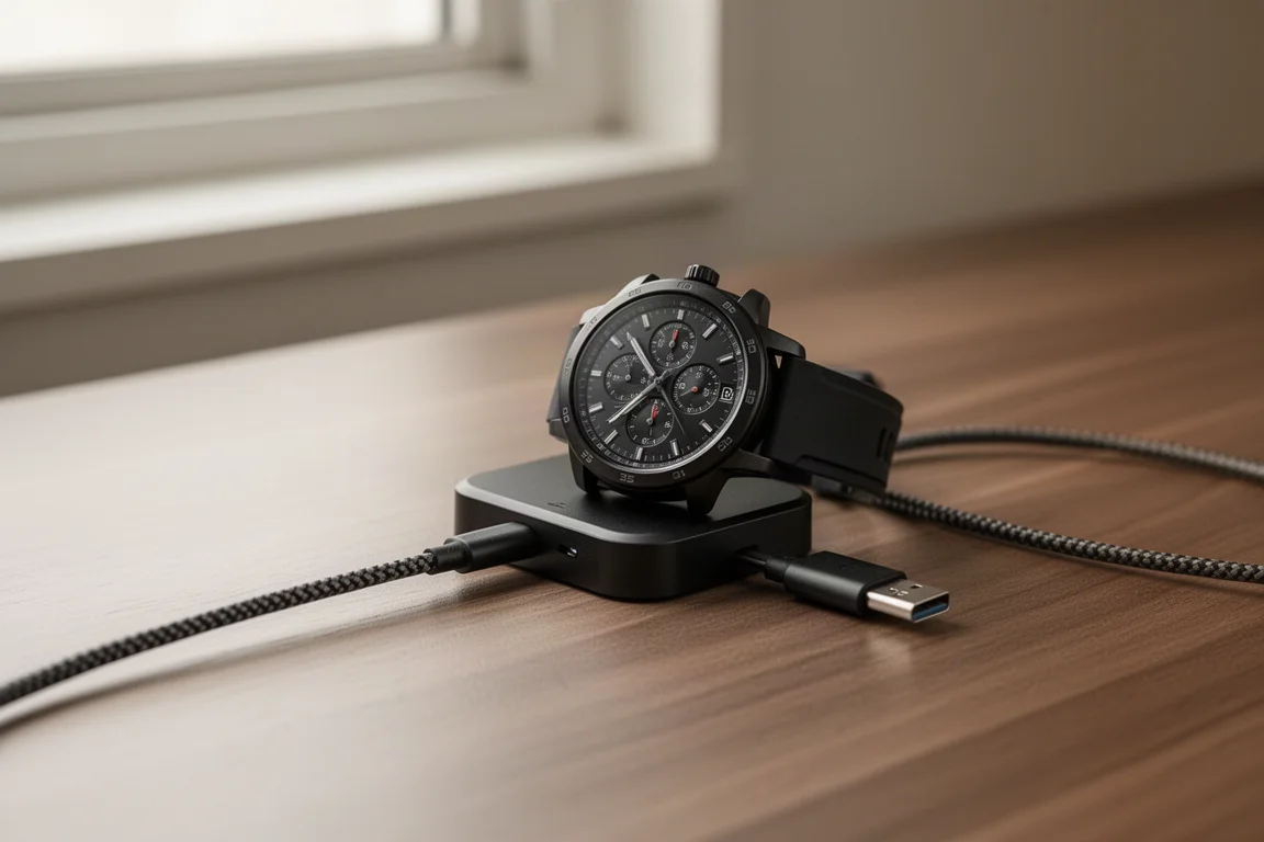 Sportklocka på en laddningsadapter ansluten till en USB-C-kabel på ett träskrivbord