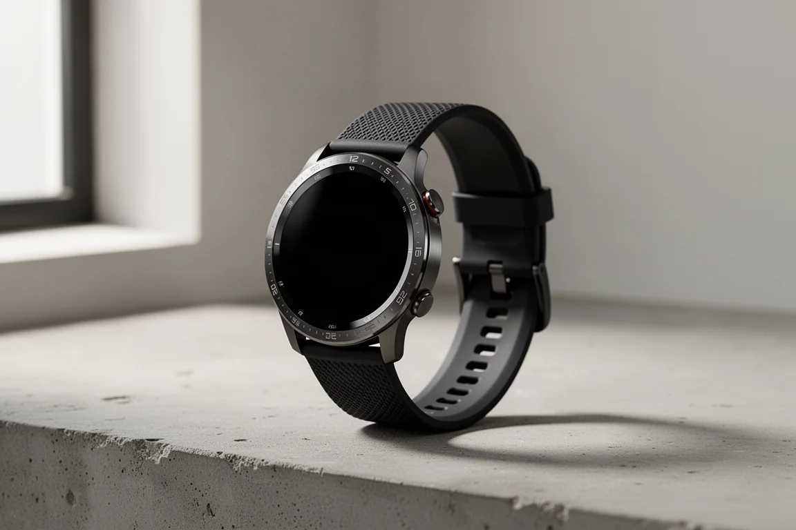 Sportwatch nero e sottile in stile Coros con grande display rotondo su superficie di cemento
