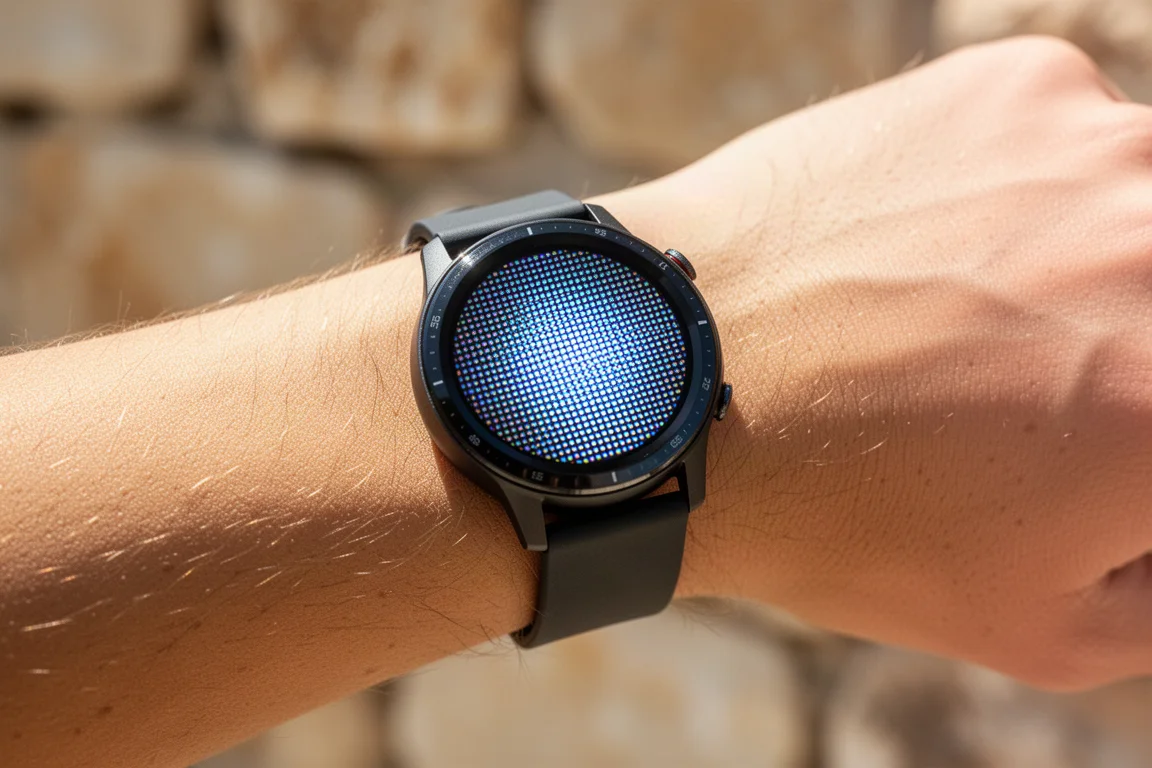 Corredor consultando un reloj deportivo GPS compacto en la muñeca durante una tirada suave por la mañana