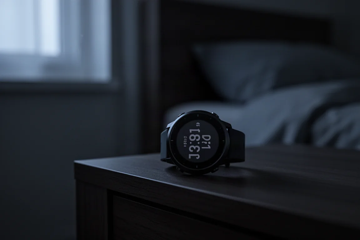 GPS 運動手錶屏幕在昏暗睡房睡眠追蹤場景中發出柔和光芒
