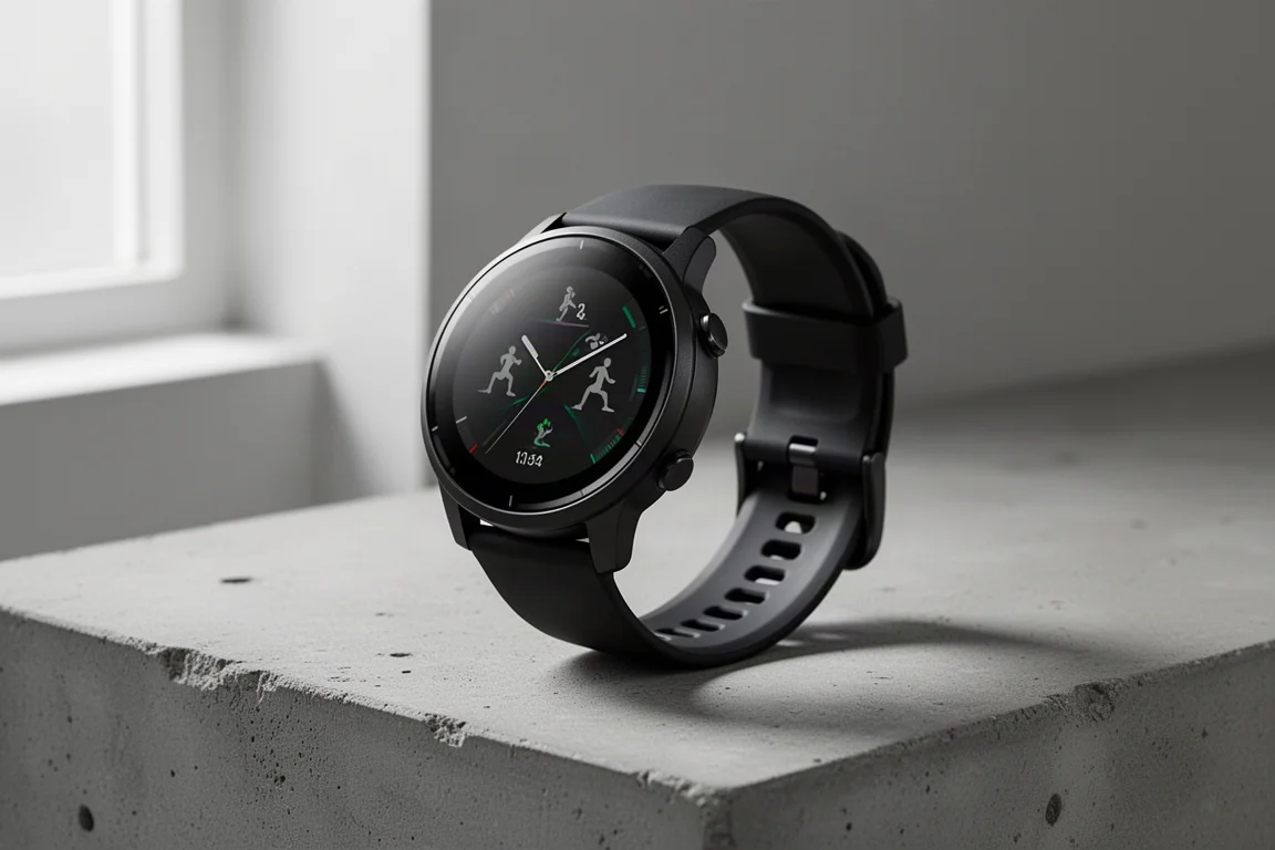 Compact Coros Pace 4 sports watch with round AMOLED display on a concrete surface