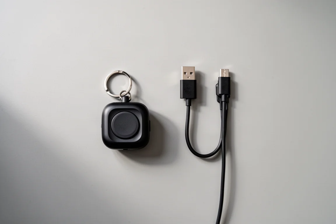 Smartwatch-Ladekabel und kleiner Schlüsselanhänger-Lader auf einem Schreibtisch