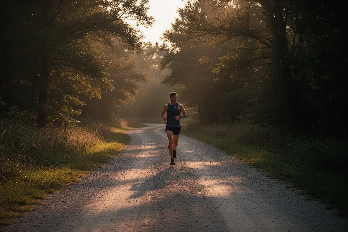 Läufer trainiert bei sanftem Abendlicht auf einem Trail und prüft Pace-Daten