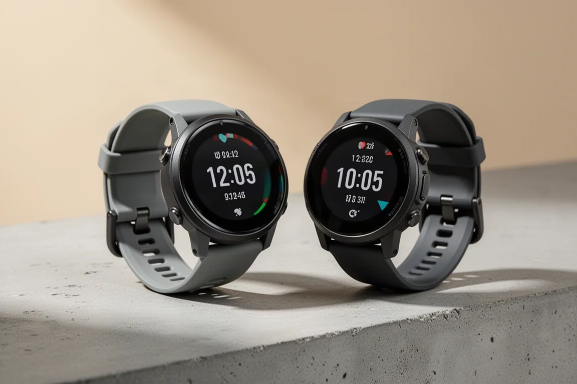 Dwa kompaktowe zegarki do biegania z GPS i okrągłymi ekranami AMOLED na betonowej powierzchni