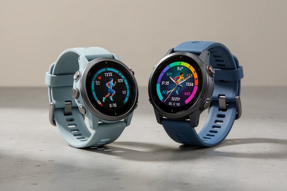 Orologi da running Coros Pace 4 e Garmin Forerunner 265 affiancati su cemento